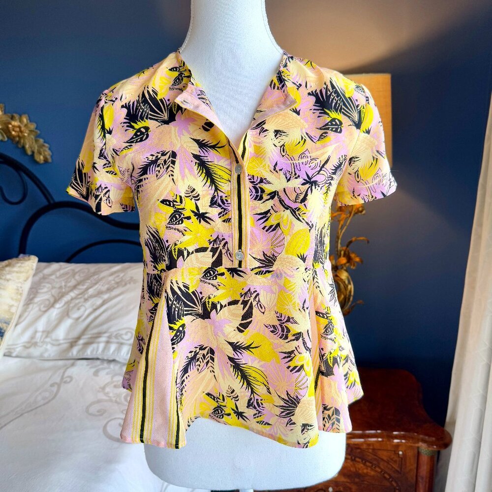 Suno Pink and Yellow Peplum Tropical Tshirt Blouse